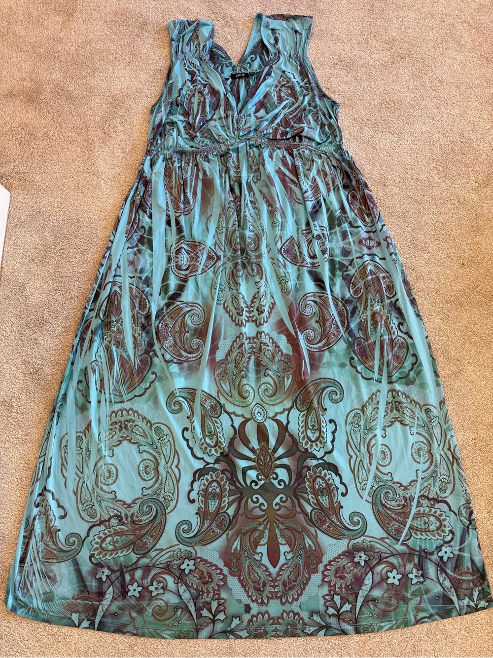 APT. 9 1X Paisley Boho Maxi Dress Turquoise Brown Sleeveless Stretchy Flowy